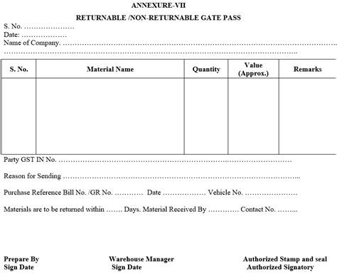 returnable gate pass|returnable material gate pass format.